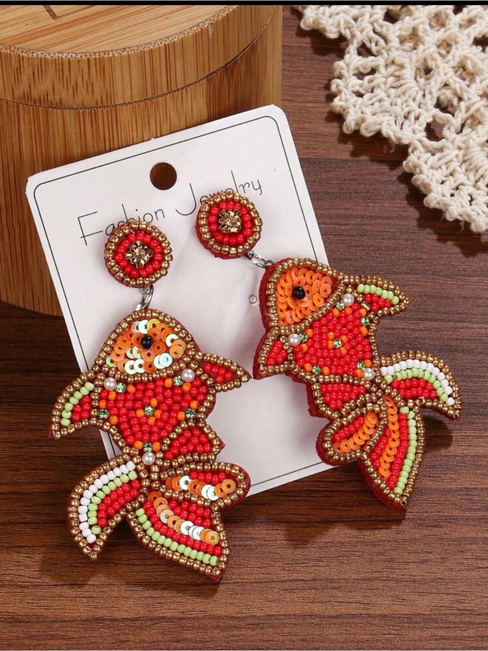 Beaded Gold-Trim Fish Statement Earrings - Red & Orange
